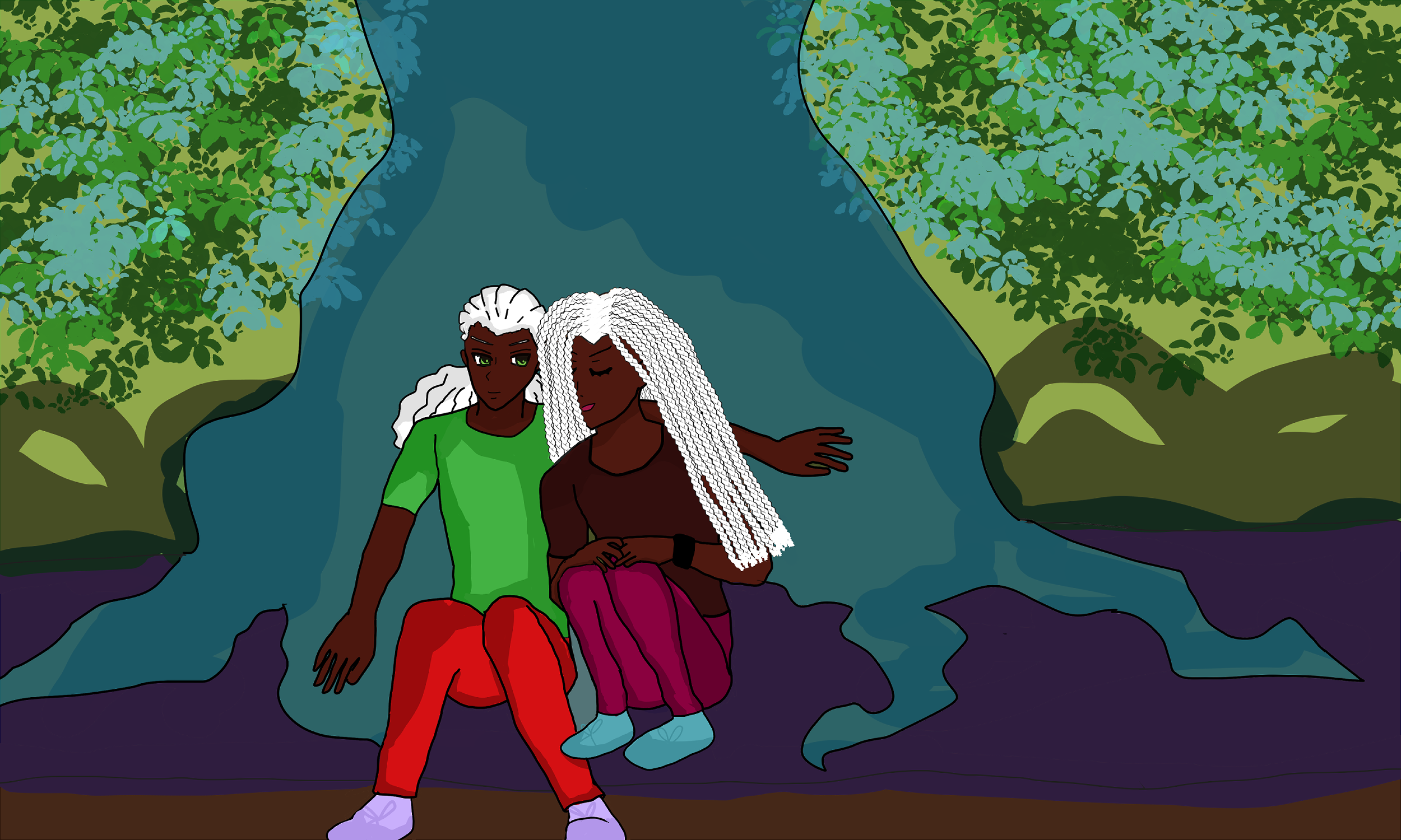 leo and khaleel sitting together--both have dark brown skin. leo has spring green eyes that light up looking at khaleel with a smile, with anime white hair that tied and falling back in curls behind him. he wears a leaf green shirt and bright red pants and his sneakers are lavender in tone. khaleel at his side has his eyes closed with a little smile. he has braids falling down at his sides, and it covers one of his eyes. he wears a dark maroon-brown shirt and dark pink pants with aqua-toned sneakers. they sit against a aqua-toned tree with dark blue soil beneath that becomes a typical brown soil beneath that. there's shadowed green roots behind the aqua-toned tree, but there are roots around and beneath leo and khaleel, too. there are implications of light and dark green and aqua leaves above.